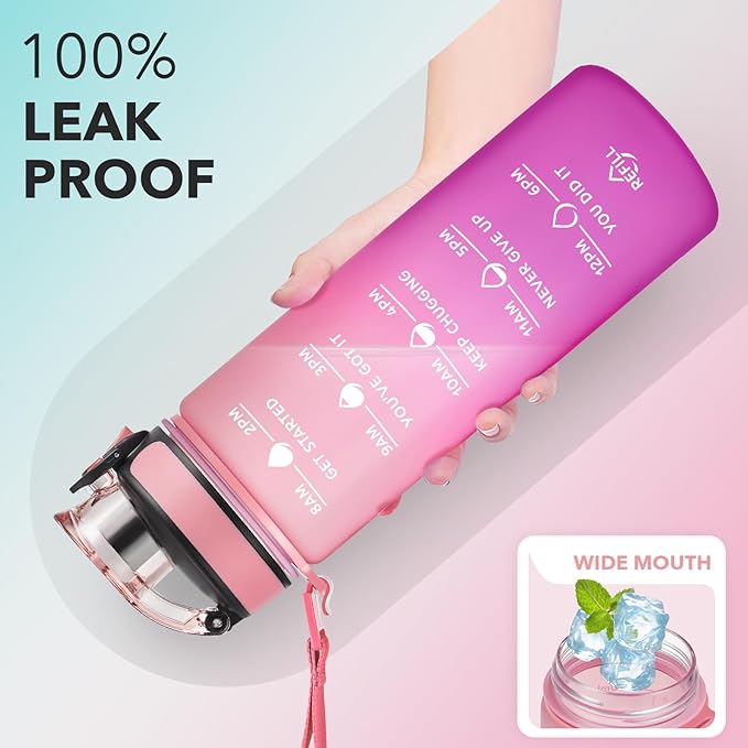 Enerbone Water Bottle, Leakproof BPA & Toxic Free, Motivational Water Bottle with Times to Drink and Straw, Fitness Sports Water Bottle with Strap for Office, Gym, Outdoor Sports-PawvioPets