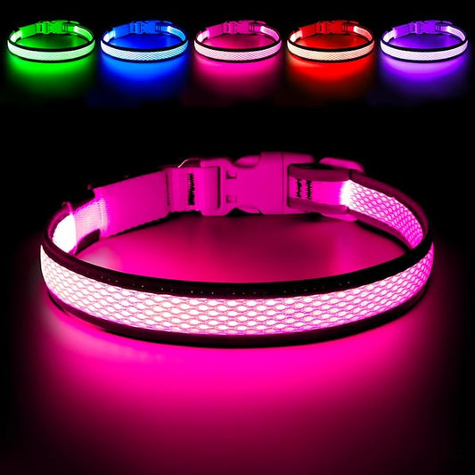 Flashseen LED Dog Collar, USB Rechargeable Light Up Dog Collar Lights, Adjustable Comfortable Soft Mesh Safety Pet Collar for Small, Medium, Large Dogs(Medium, Candy Pink)-PawvioPets