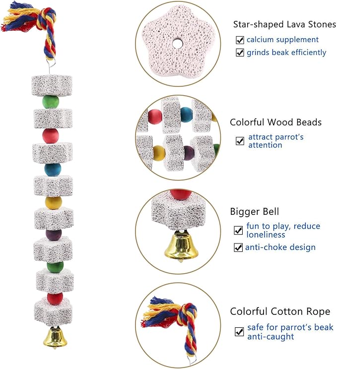 2 Pack Mineral Block Chew Toys with Colorful Beads and a Bell, Bird Beak Grinding Stone, Cage Accessories for African Grey, Budgies, Cockatiels, Small to Medium Birds-PawvioPets