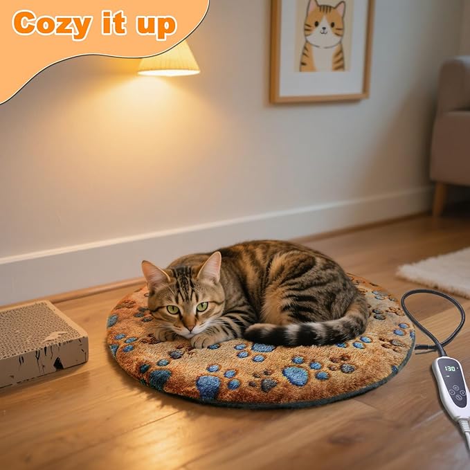 Cat Heating Pad, 16 in Round Heated Bed Smart Thermostatic Switch, Add Wire Rope Cat Carpet Puppy Whelping Supplies, Comes with a Plush Cloth Cover - Apricot-PawvioPets