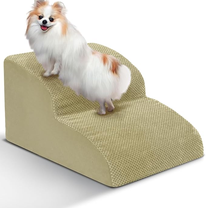 Dog Stairs for Small Dogs - High Density Foam Pet Steps, Extra Wide Dog Ramp with Non-Slip Bottom for High Beds, Couch and Sofa, Best for Dogs Injured, Older Doggy Cats,2 Steps, Camel-PawvioPets