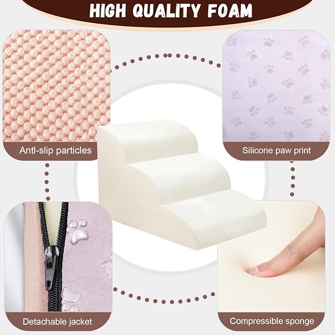 Dog Stairs for Small Dogs - High Density Foam Pet Steps, Extra Wide Dog Ramp with Non-Slip Bottom for High Beds, Couch and Sofa, Best for Dogs Injured, Older Doggy Cats,3 Steps, Pink-PawvioPets