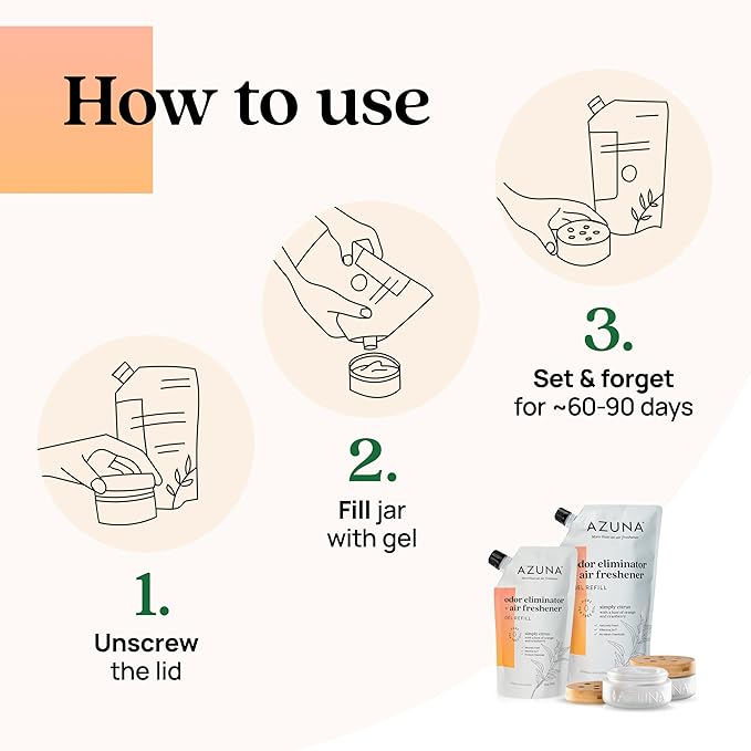 Azuna Air Freshener & Odor Eliminator for Strong Odor | 2 Room Kit Includes (2) Empty Luxe Glass Jar & 12oz Gel Refill with Tea Tree Essential Oil | Simply Citrus | Last 60-90 Days-PawvioPets