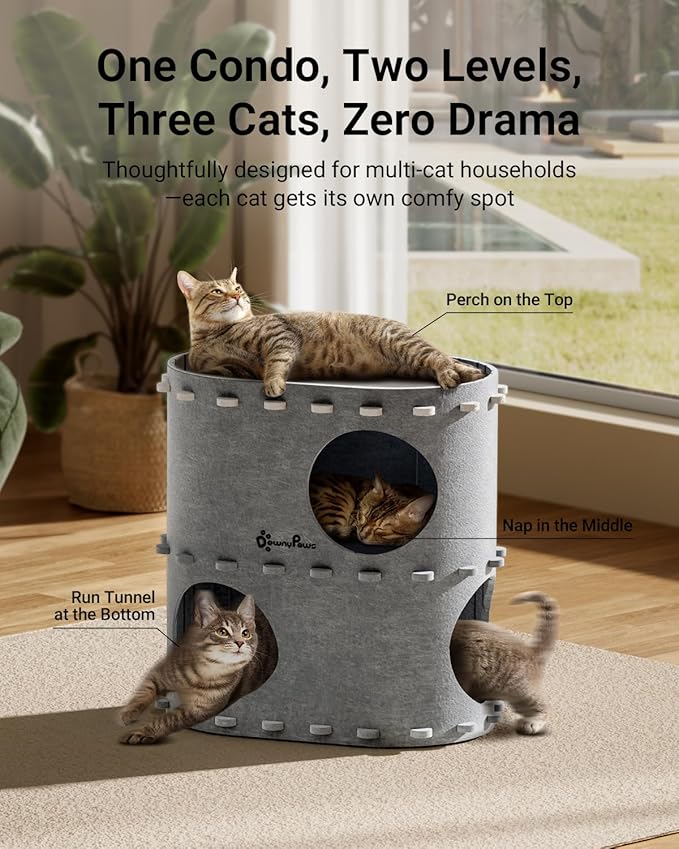 DownyPaws Cat House for Indoor Cats, 2-Storey Foldable Cat Bed Cave, Felt Cats Tunnel Bed Condo, Castle Kitten Cube Hideaway for Multicats, Scratch Resistant, Light Gray-PawvioPets