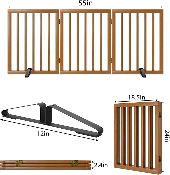 Freestanding Pet Gate Foldable Dog Gate (55 inches Wide) Walnut Bamboo Dog Gates for Stairs Doorways House (2 Support Feet Included)-PawvioPets