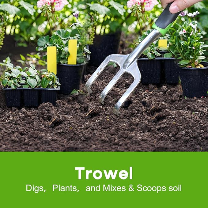 Garden Tool Set, 3 Pack Aluminum Heavy Duty Gardening Kit Includes Hand Trowel, Transplant Trowel and Cultivator Hand Rake with Soft Rubberized Non-Slip Ergonomic Handle, Garden Gifts-PawvioPets