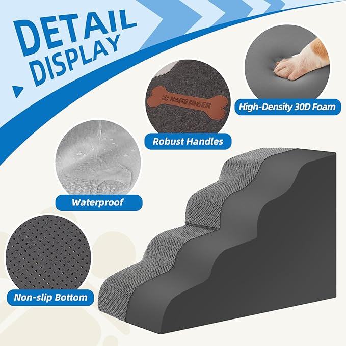 Dog Stairs for Small Dogs and Cats, 2 Steps Pet Stairs to Get on Couch Sofa and Chair, Indoor Non-Slip Balanced Portable Pet Step, High-Density Foam Ramp with Removable Washable Cover, Grey（11.8" H）-PawvioPets