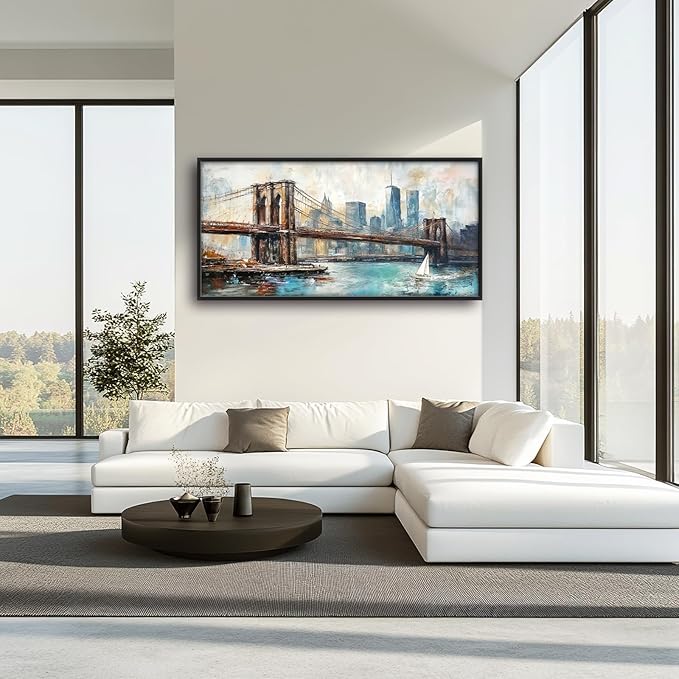 Extra Large Framed Brooklyn Bridge Wall Art,New York City Wall Decor,Abstract Skyline Cityscape Pictures for Living Room,Canvas Print Painting Modern Artwork Bedroom Office Bathroom 60L x30W-PawvioPets