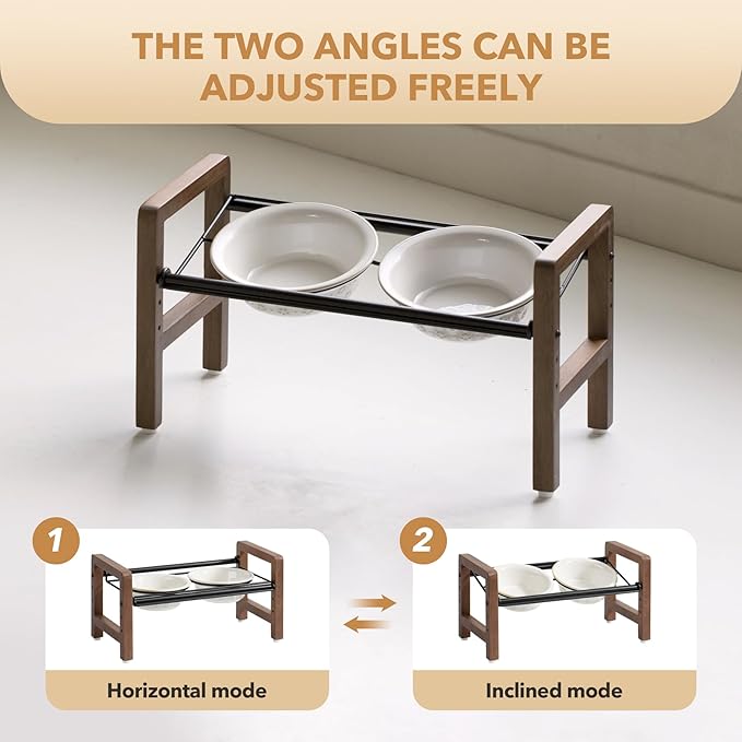 6.3inch Ceramic Adjustable Raised Double Bowls Set with Stand, 3 Heights Elevated, 2 Placement Options,Food and Water Bowls for Adult Cat Small and Medium Dog(Reactived Glaze -White)-PawvioPets