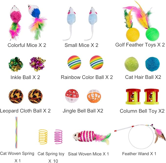 32Pcs Cat Toys Kitten Interactive Pet Toys Assortments, Foldable Rainbow Tunnel, Cat Feather Teaser Wand Interactive Feather Toy Fluffy Mouse Crinkle Balls Bell Play for Cat Puppy Kitty Kitten(2 way)-PawvioPets