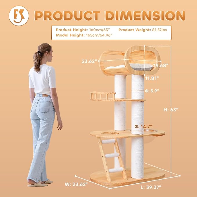 63.6'' Modern Cat Tree Indoor, Solid Wood Cat Tree with Scratching Post for Multi-Cat Families, Tall Cat Tower with Auxiliary Stairs, Huge Condo for Large Cats-PawvioPets
