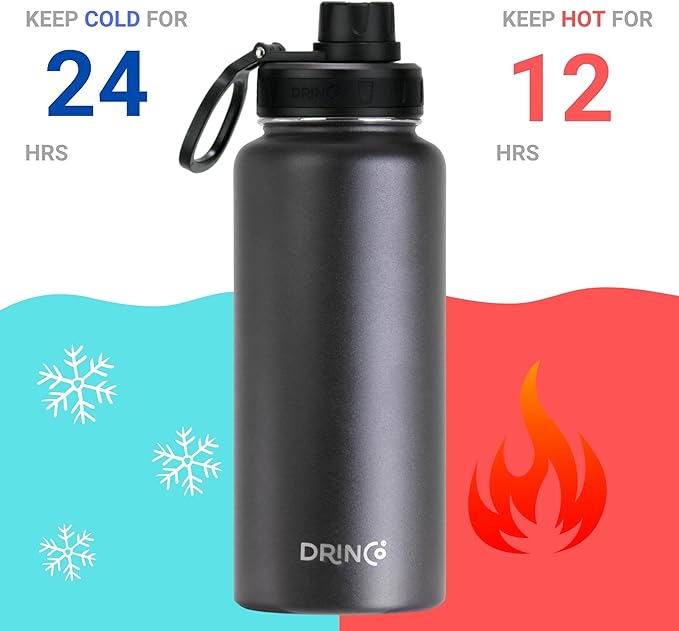 DRINCO Stainless Steel Water Bottle Spout Lid Vacuum Insulated Double Wall Water Bottle Wide Mouth (40oz 32oz 22oz 18oz 14oz) Leak Proof Keep Cold Sport Camping Hiking (32 oz, 32oz Black)-PawvioPets