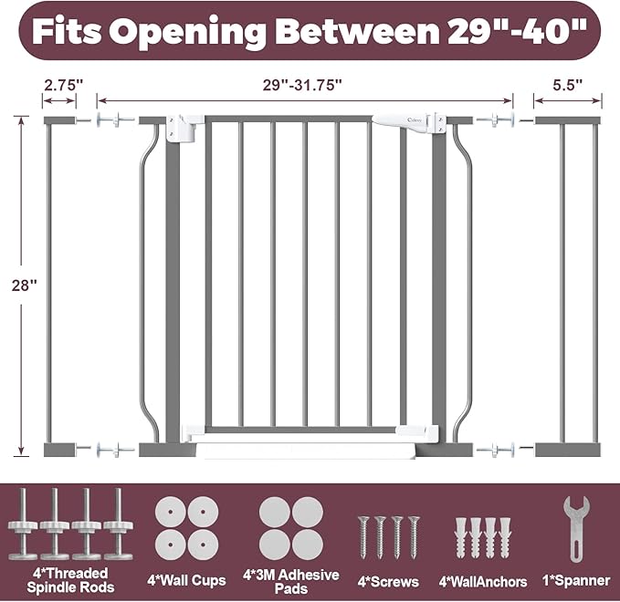 29"-40" Baby Gate for Stairs, Auto Close Stroller Friendly Dog Gate Indoor for Doorways, Pressure Mounted Baby Gate, Easy Walk Through Gate for Children & Pets, Grey-PawvioPets