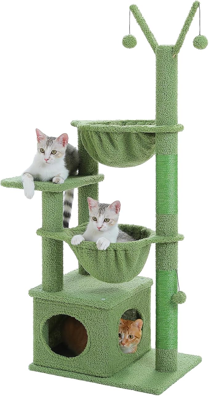 Cactus Cat Tree, 47.6" Cat Tower with 2 Metal Frame Hammock, Cat Scratching Post for Indoor Cats with 2 Removable Pompom Sticks for Kittens, Green-PawvioPets