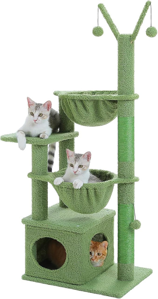 Cactus Cat Tree, 47.6" Cat Tower with 2 Metal Frame Hammock, Cat Scratching Post for Indoor Cats with 2 Removable Pompom Sticks for Kittens, Green-PawvioPets
