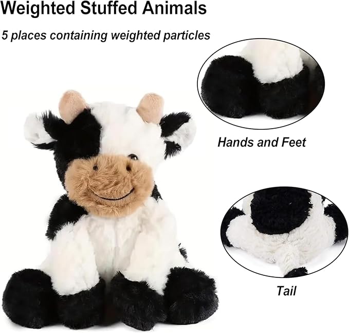 Black and White Cow Weighted Stuffed Animal 20cm/7.87in Cute Sitting Cow Plush Toy with Smile Soft Fluffy Small Farm Plushie for Kids Adults Birthday Festival Gift Bed Home Office Decor Toys-PawvioPets