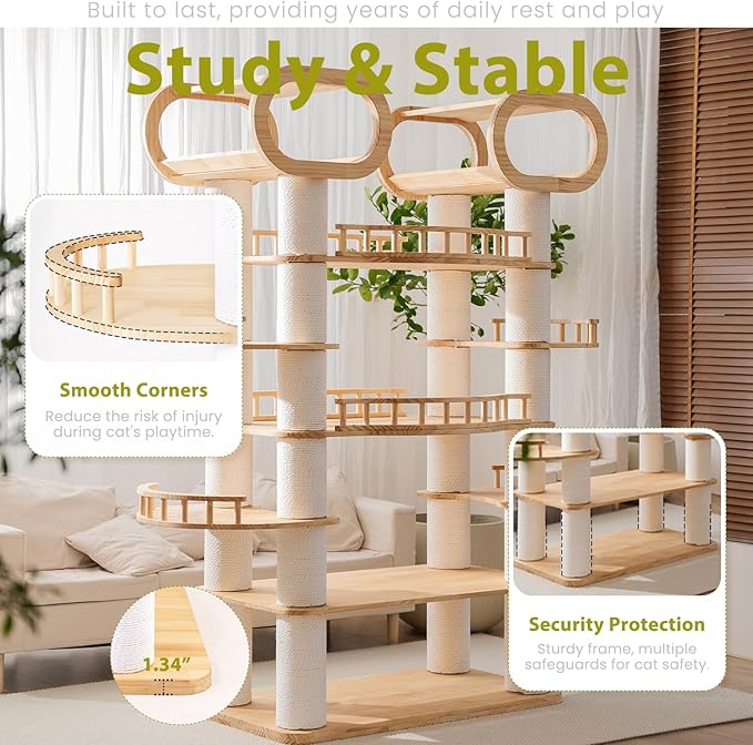 76.8'' Modern Cat Tree, Tall Cat Tower for Indoor Cats, Pine Wood Climb Tower with 2 Removable Mats, Heavy Duty Cat Furniture with Fully Wrapped Scratching Post, Huge Cat Condo for Multi-Cat Families-PawvioPets