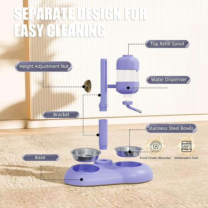 Dog Bowls with Puppy Weaning Bottles,3 in 1 Bowl Set with Water Dispenser and 2 Food Grade Stainless Steel Dog Bowls,15°Tilted Cat Food and Water Bowl Set for Cats,Bunnies,Ferrets-PawvioPets