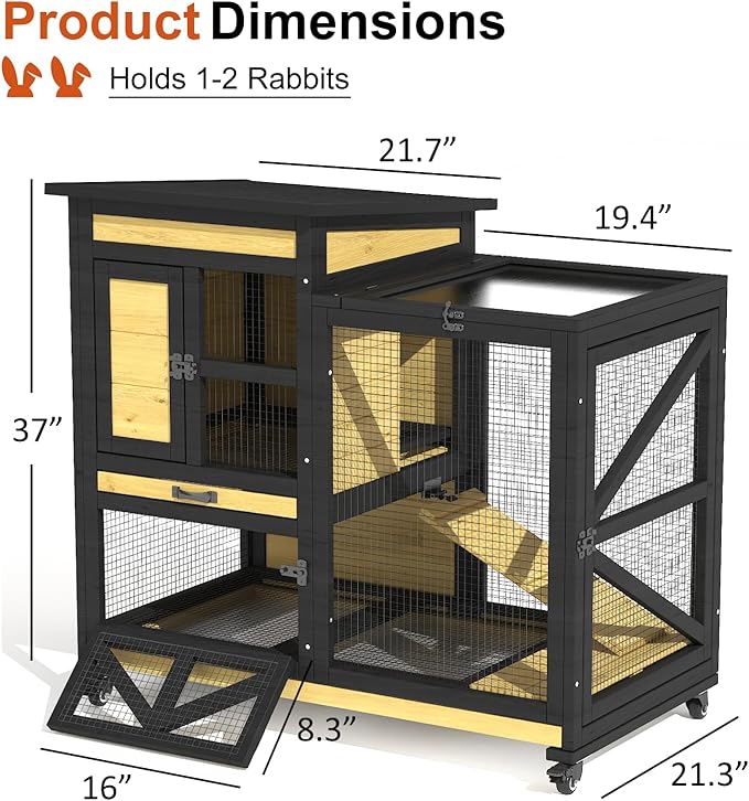 40'' Rabbit Cage Bunny Cage Indoor, Outdoor Rabbit Hutch for Small Animals, 2-Story Wooden Guinea Pig Cages with Wheels & 2 Deeper No Leak Trays, Waterproof Openable Roof & Bottom Wire Mesh-PawvioPets