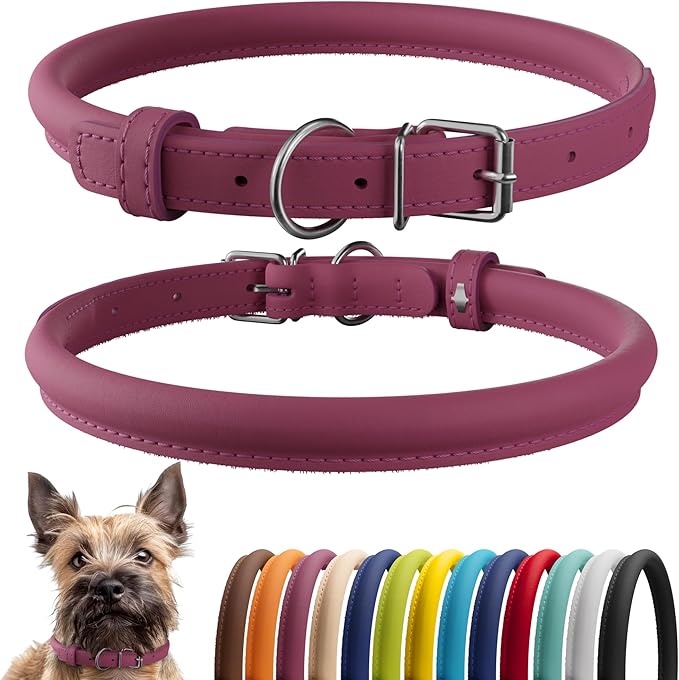 CollarDirect Rolled Leather Dog Collar, Soft Padded Round Puppy Collar, Handmade Genuine Leather Collar Dog Small Large Cat Collars 13 Colors (6-7 Inch, Pink Smooth)-PawvioPets