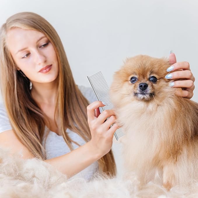 2Pcs Stainless Steel Dog Comb, Round Tooth Cat Comb with 2 Tooth Widths, Metal Combs for Removing Knots and Tangles, Grooming Tool for Long and Short Hair Pets, 7.5 IN Silver-PawvioPets