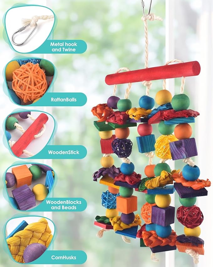 Bird Toys, 2PCS Parrot Foraging Hanging Toy, Multicolored Natural Wooden Blocks Parakeet Chewing Toys mit Rattan Wicker Balls, for Medium Small Cockatoos Budgie Lovebird Cockatiel Conure-PawvioPets