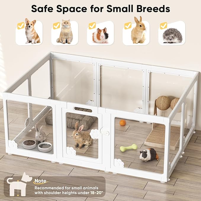 Acrylic Clear Dog Play Pen Indoors, Puppy Playpen with Door for Small Dogs Puppies, Transparent Plastic Pet Playpen Cage Fence Crate Kennel for Cat Kitten Rabbit Bunny Ferret etc (White-10 Panels)-PawvioPets
