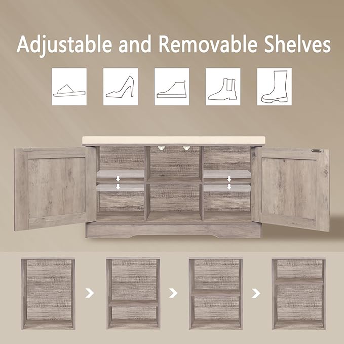 DINZI LVJ Shoe Bench, Entryway Storage Bench with Doors, Cushion, 2-Tier Shoe Rack with 6-Cubby, 31.5”L x 13.8”W Shoe Organizer Cabinet, Adjustable Shelf, Living Room, Bedroom, Greige-PawvioPets