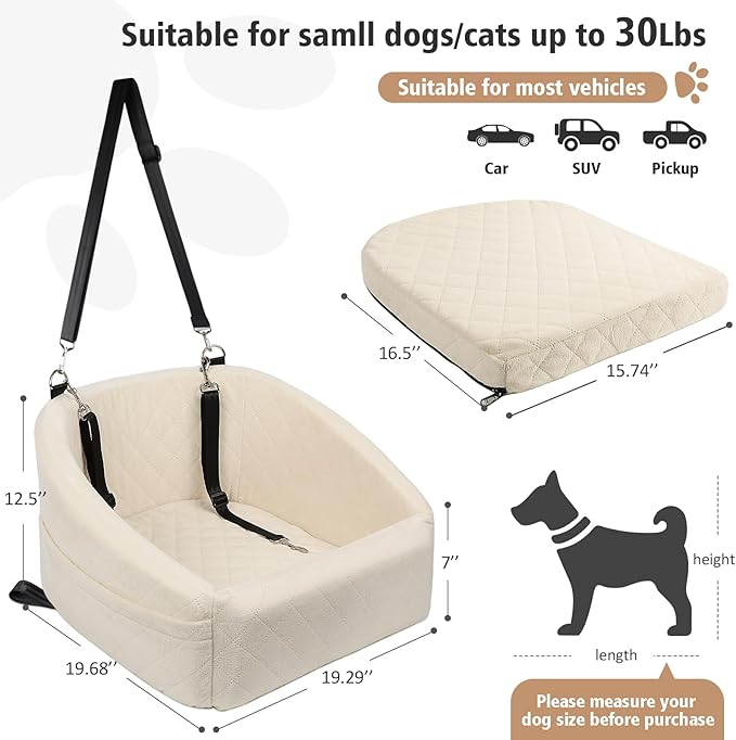 Dog Car Seat for Small Medium Dogs,Detachable Washable Dog Booster Seat Under 30lbs, Pet Car Seat Travel Bed with Storage Pockets and Dog Safety Belt (White)-PawvioPets