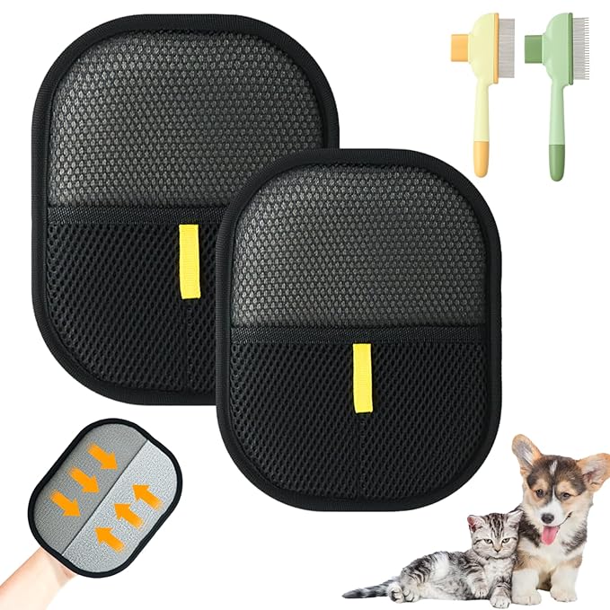 Electrostatic Pet Hair Removal Glove and Cat Dog Flea Comb, Portable Pet Massage and Cleaning Set for Deshedding, Cat Dog Hair Removal on Clothes, Furniture, Car Seats, and Carpets (4PCS)-PawvioPets