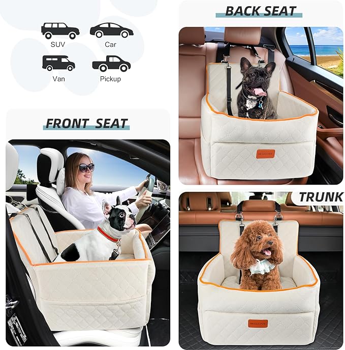 Dog Car Seat for Small Medium Dogs, Memory Foam Dog Booster Seats with Thick Cushion for Dogs Under 35lbs, Detachable Washable Pet Car Seat Travel Bed with Storage Pockets,2 Safety Belt-PawvioPets