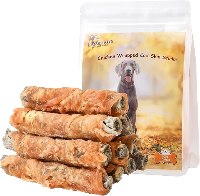 Dog Treats Chicken Wrapped Cod Fish Skin Sticks, Healthy High Protein Omega3 Cod Twist Dog Chews Real Chicken Wrap Teeth Cleaning for Large Medium Small Breeds, 10.6 oz-PawvioPets