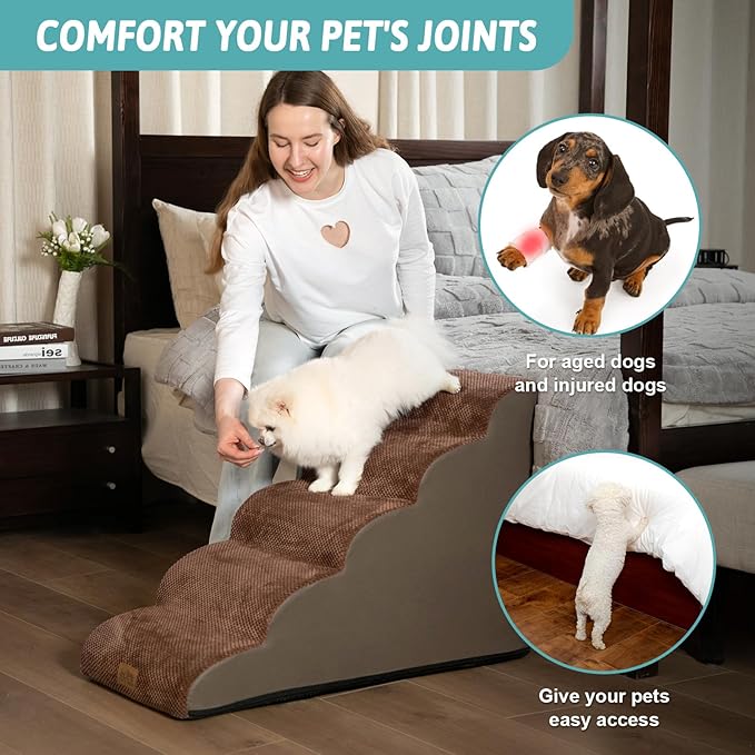 Dog Stairs for High Bed 22.6" H, Small Dog Step for Puppy, Older or Cat, Curved Ramp for Car, Ladder with High Density Foam, Lightweight, Durable, 15.7x33x22.6 inch, 5 Step, Brown-PawvioPets