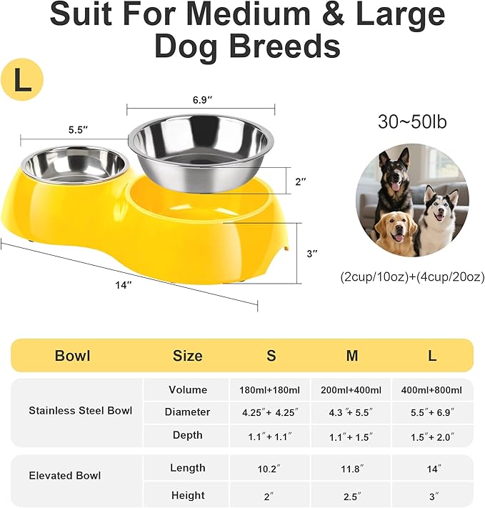 Elevated Dog Bowls Set - Non-Slip Raised Pet Feeder with Medium (2 Cups) & Large (4 Cups) Stainless Steel Bowls - Includes Durable Resin Stand for Puppies, Adult Dogs & Cats - Yellow-PawvioPets