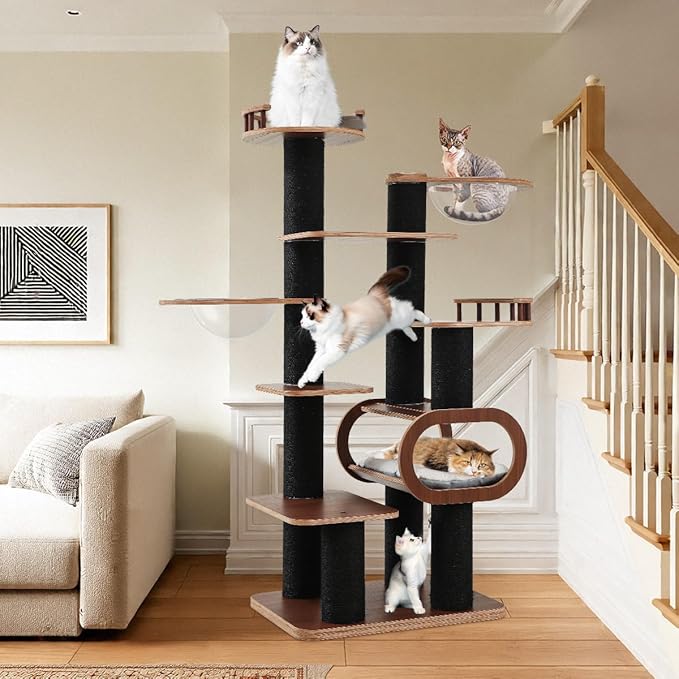 70.9'' Black Cat Tree for Indoor Cats Large Adult, Heavy Duty Cat Tower with Scratching Post, Modern Kitty Tree with Removable Mats, Semi-closed Condo and Transparent Bowl, Wooden Luxury Cat Furniture-PawvioPets