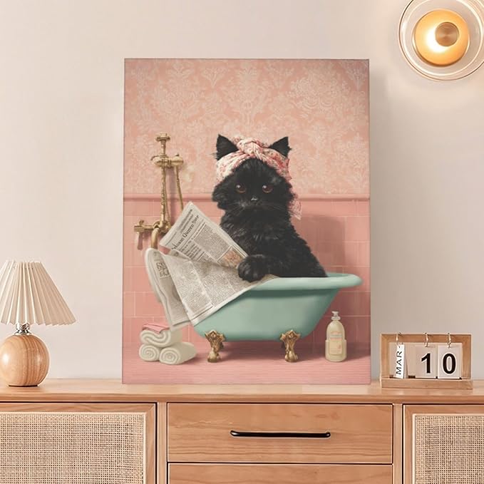 Cat Bathroom Wall Decor Black Cat Reading Newspaper in Bathtub Canvas Wall Art Funny Bathroom Pictures Kitten Painting Print Pink Artwork Framed Decorations Gifts 12"x16"-PawvioPets