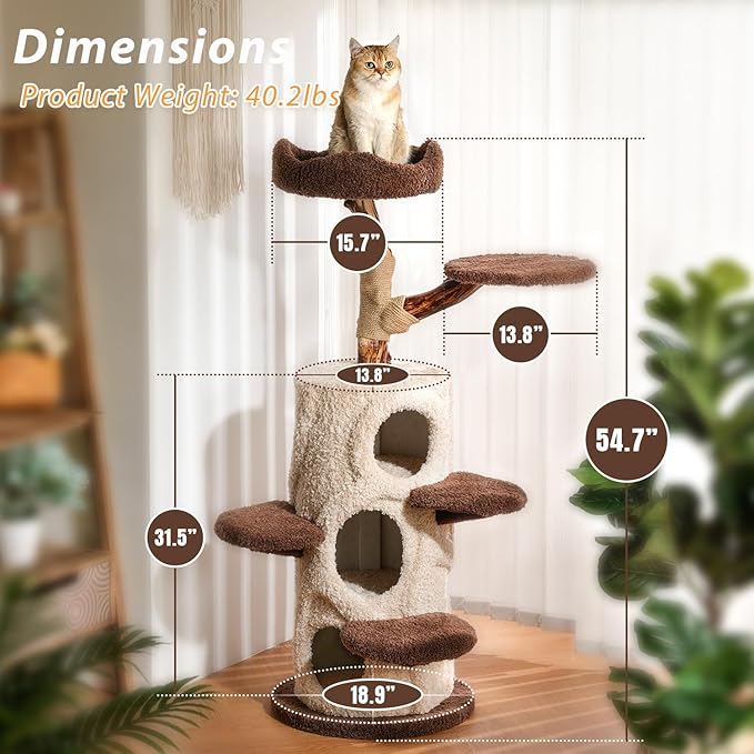 54.7'' Modern Cat Tree for Indoor Cats Large Adult, Wood Cat Tree with 3 Spacious Condos, Luxury Cat Tower with Cozy Perch, Scratching Post, Sturdy Kitty House Furniture for Small Medium Large Cats-PawvioPets