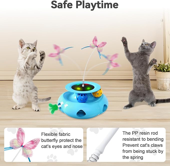 3in1 Interactive Cat Toys for Indoor Cats Rechargeable,Whack a Mole Cat Toy, Fluttering Butterfly, Track Balls, Automatic Kitten Toys Touch Activated, 2 Refill Feather-PawvioPets