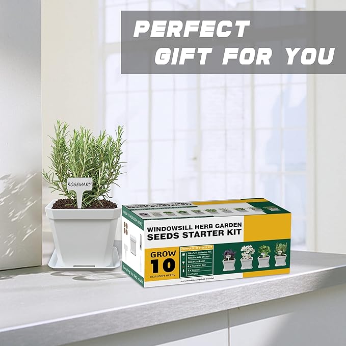 10 Herb Seeds Garden Starter Grow Kit with White Pots, Markers, Nutritional Soil, Watering, Herb Clipper, Complete Indoor Potted Plant Growing Set for Kitchen DIY-PawvioPets
