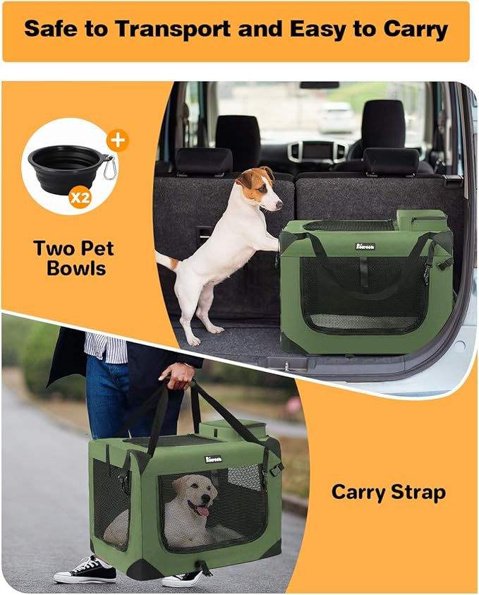 Extra Large Dog Crate with 2 Foldable Bowl, 36 Inch Collapsible Travel Dog Crate Kennel with Soft Blanket for Medium Dogs,Indoor & Outdoor (36" L x 25" W x 25" H, Green)-PawvioPets