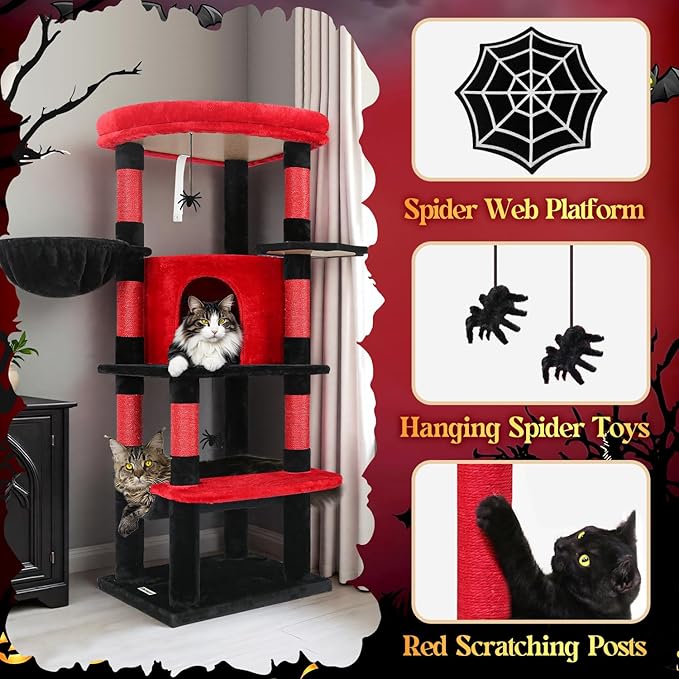 Globlazer Gothic Corner Cat Tree Tower with Scratching Post for Indoor Cats, 51inch Goth Cat Condo Tower with Large Hammock, Fan-Shaped Padded Perch, Spacious Cat Cave, Hanging Basket, C51, Red Black-PawvioPets