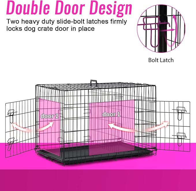 FDW Dog Crate for Large Dogs 48 Inch Folding Metal WirePet Cage Double Door W/Divider Panel Indoor Outdoor Kennel Leak-Proof Plastic Tray,Black-PawvioPets