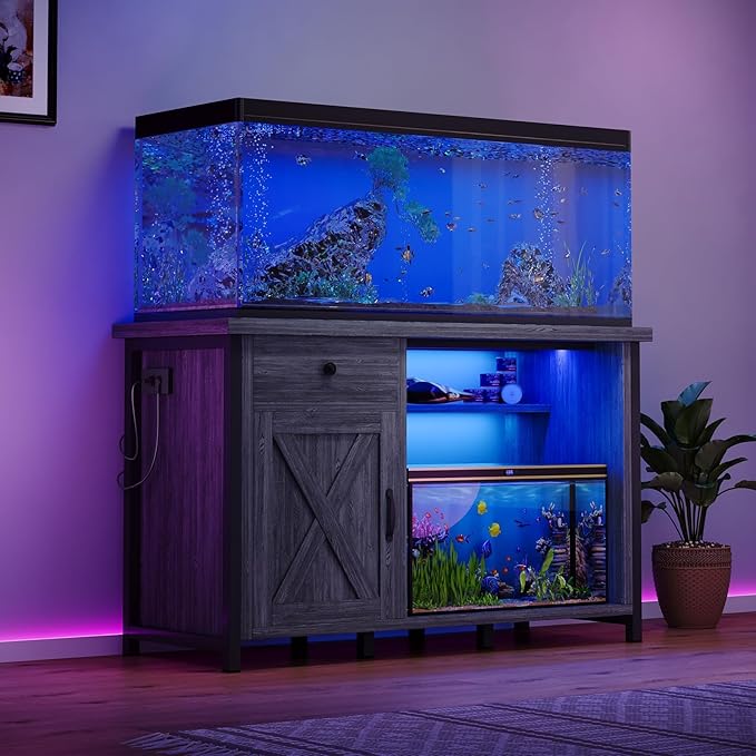 4ever2buy 55 Gallon Fish Tank Stand with LED Light & Power Outlets, 55-75 Gallon Aquarium Stand with Drawer & Barn Door, Cabinet for Fish Tank Accessories Storage for Reptile Tank, Turtle Tank, Gray-PawvioPets