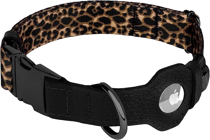 AirTag Dog Collar for Small Medium Large Breed - Adjustable Cute Pattern Dog Collar with Airtag Holder - Soft Leather Tracker GPS Apple Air Tag Pet Collars (X-Large, 20"-25" Neck Fit, Leopard)-PawvioPets