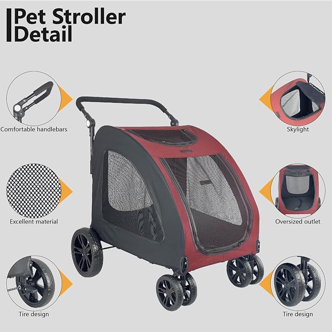 Extra Large Dog Stroller for Medium & Large Pets - Foldable Design, Adjustable Handle, Up to 130 lbs(Red)-PawvioPets