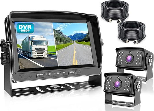Fookoo Ⅱ HD 1080P 9" Wired Backup Camera System, 9-inch DVR Dual Split Screen Monitor, IP69 Waterproof Rear View Camera for Truck/Trailer/Box Truck/RV, Loop Record, Parking Lines (DY912)-PawvioPets