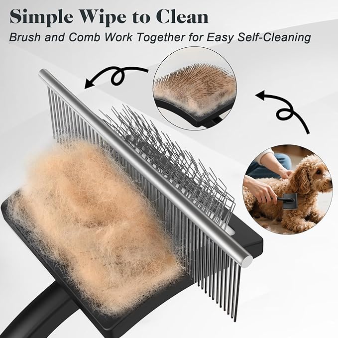 2PCS Slicker Brush for Dogs & Pet Comb,Professional Dog Grooming Brush (Goldendoodles,Poodles,Labradoodles) with Extra Long Pins to Effectively Remove Tangles, Knots and Mats (Black)-PawvioPets