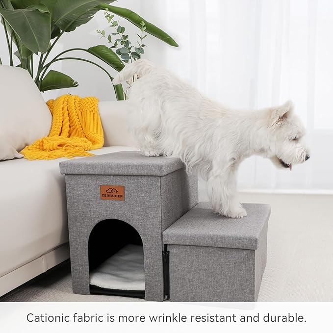 Dog Stairs 15" H, 2-Step Wider Dog Steps for Small/Medium/Large Old Dogs Cats, Folding Sturdy Storage Pet Stairs Climbing Bed Couch, Dog Ramp for Car Hold Up to 150 lbs(Gray, with Condo)-PawvioPets