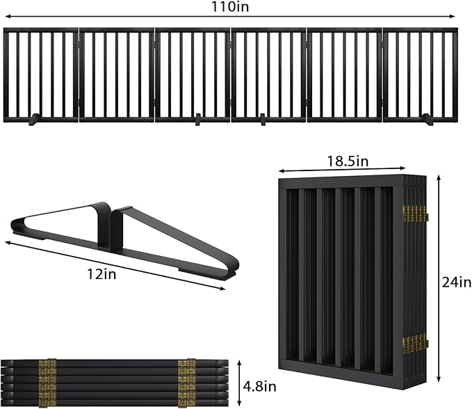Extra Wide Dog Gate 110 inches Wide, Freestanding Pet Gate for The House Doorway, Pet Puppy Barrier, Support Feet Included, Black,6 Panels-PawvioPets