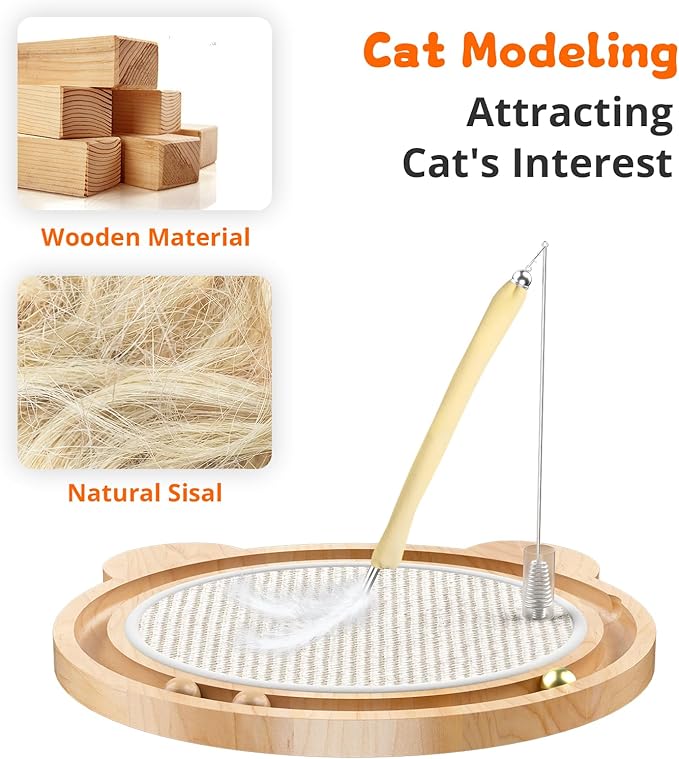 3-in-1 Cat Toys, Scratcher, Toys for Indoor Cats, Natural Sisal Scratching Board, Kitten Interactive with Ball Track & Retractable Wand Toy & Feather-PawvioPets